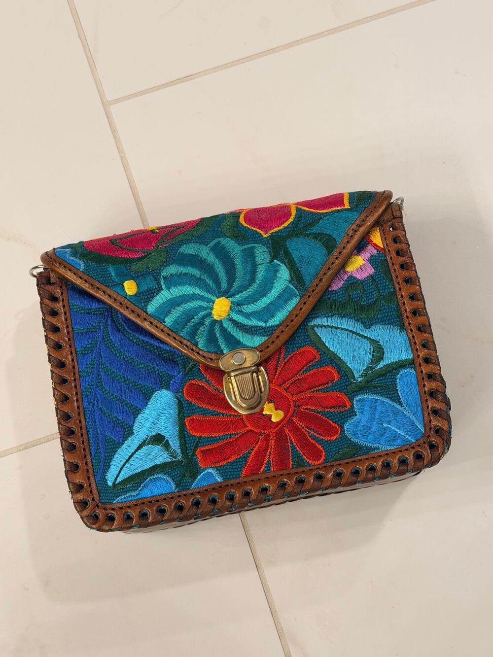 Colorful Floral Embroidered Leather Clutch / Crossbody Bag Boho